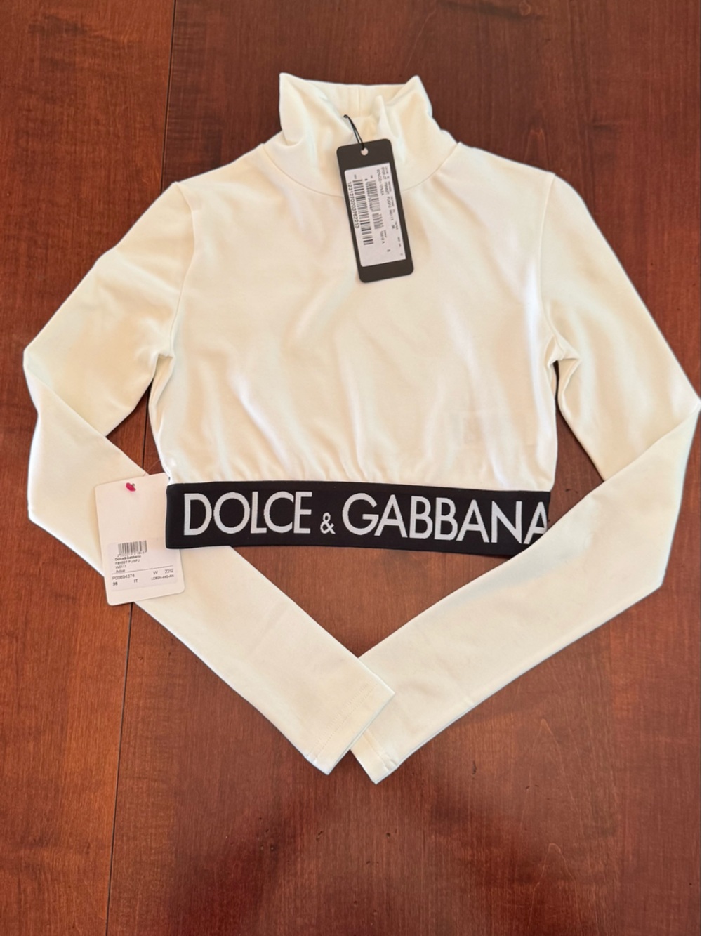 Dolce & Gabbana White Long-Sleeve Turtleneck Crop Top with Logo Band - Picture 3 of 7